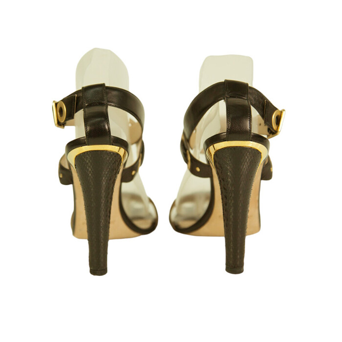 Jimmy Choo Black Leather Gold Grommets Strappy Sandals Heels shoes size 40