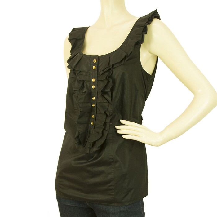 Juicy Couture Black Ruffled Cotton Tank Vest Blouse Top w. Gold Buttons - Size 4