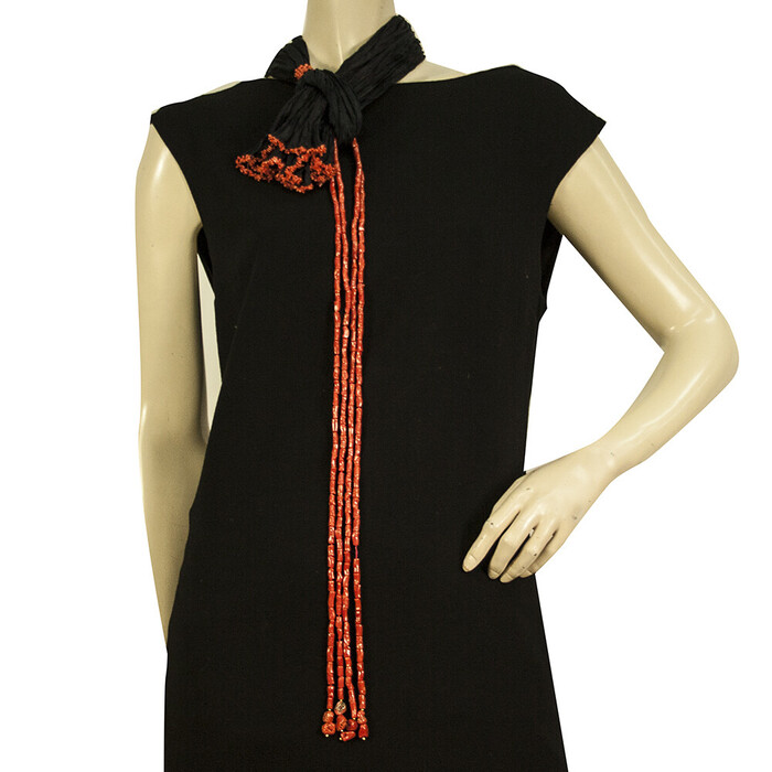 D A Anagnostopoulos Mykonos Black Fabric Red Corals Scarf Necklace