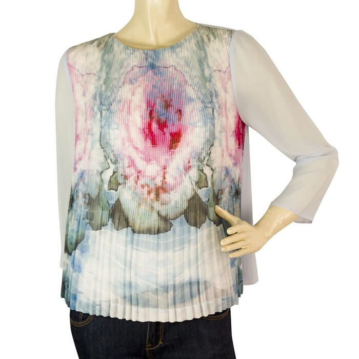 Ted Baker Light Blue Floral Sheer Sleeves Pleated Body Top - Size 1