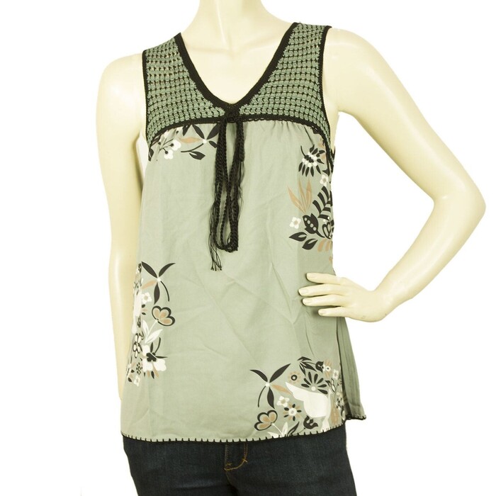 BCBG Max Azria Green Gray 100% Silk V Neck Floral Sleeveless Blouse Top size XS