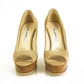 Brian Atwood Beige Suede Open Toe Pumps Slim High Wooden Heels Shoes sz 37