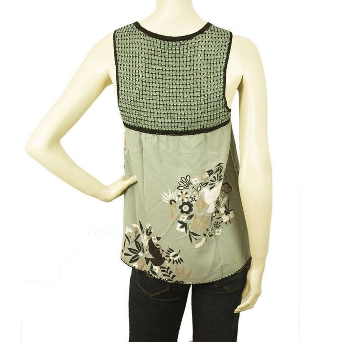 BCBG Max Azria Green Gray 100% Silk V Neck Floral Sleeveless Blouse Top size XS