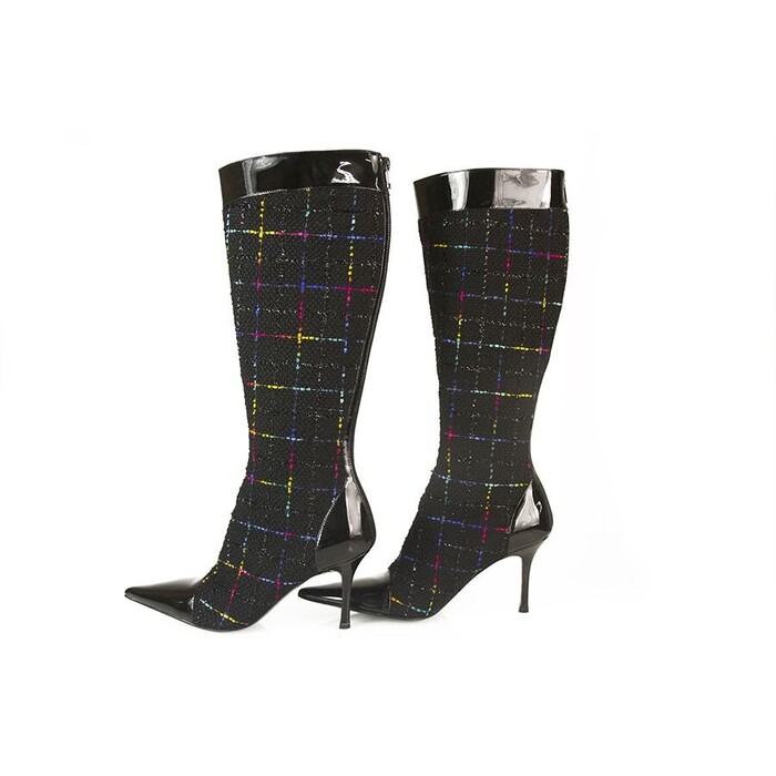 Gina Tweed Fabric Black Patent Leather Boots Slim heels Shoes Back Zipper sz 6
