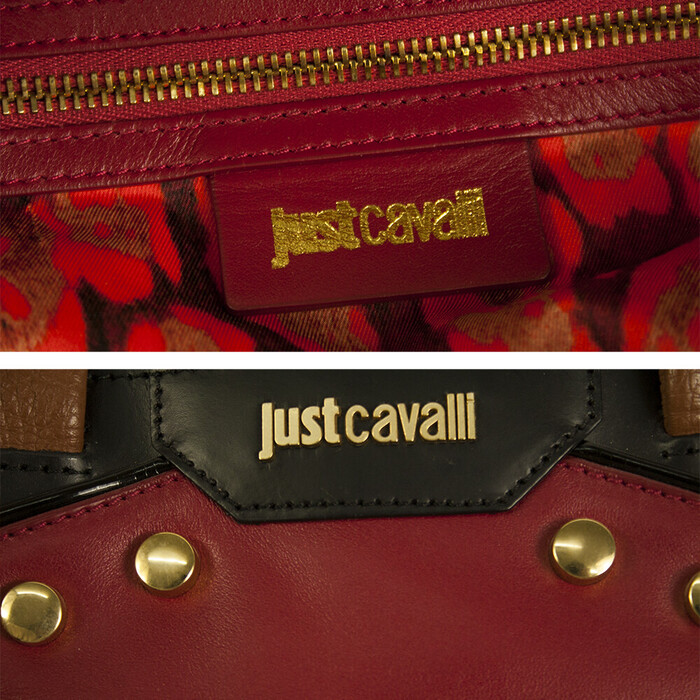 Just Cavalli Black Red Brown Leather Large Studded Top Handles Grab bag Handbag