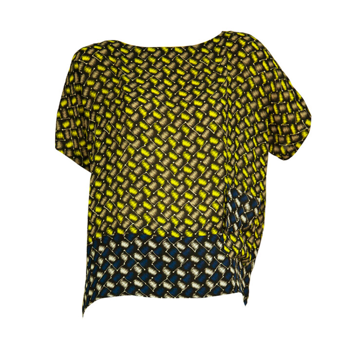 Kenzo Geometric Yellow Gray Blue Short Sleeves Blouse Top w. Pocket size 38