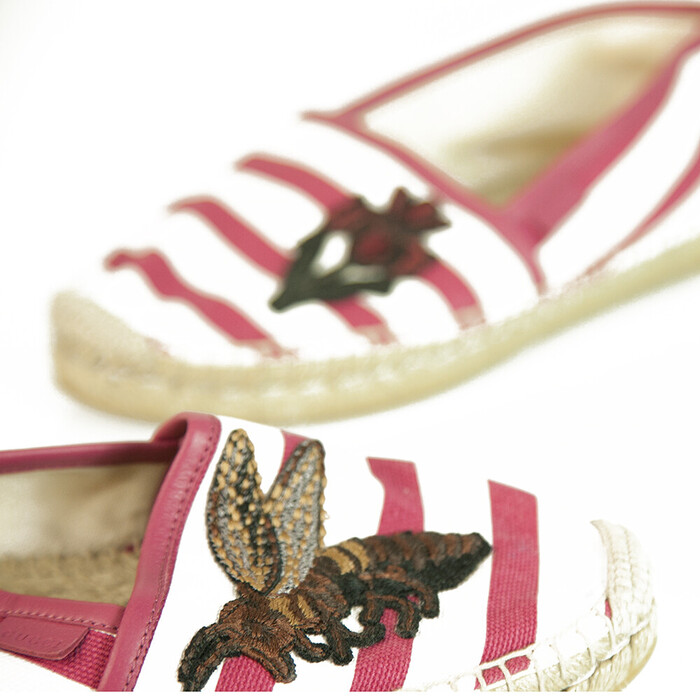 Gucci Striped Canvas Bee & Flower Pink White Flat Shoes Espadrilles size 38