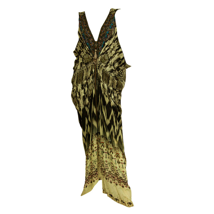 Camilla Ethnic Print Beaded 100% Silk Sleeveless Long Summer Caftan dress