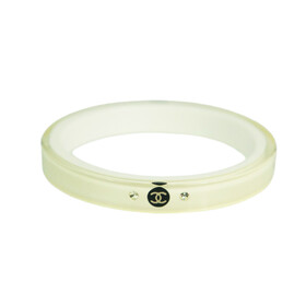 CHANEL CC Logo Bangle Bracelet In Clear &amp; White Resin with rhinestones