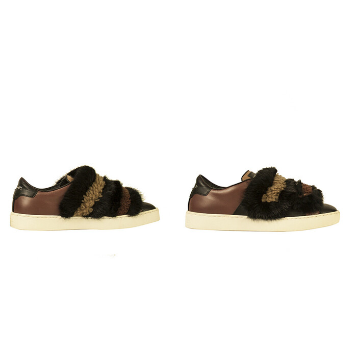 Santoni Black Brown Fur Leather Low Top Sneakers Trainers Shoes size 37