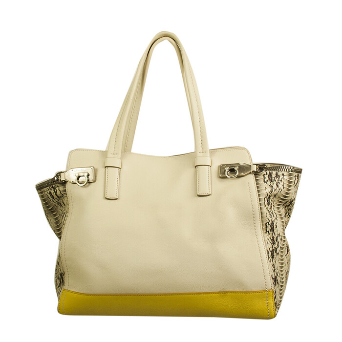 Salvatore Ferragamo cream & yellow leather plus snakeskin tote shopper bag