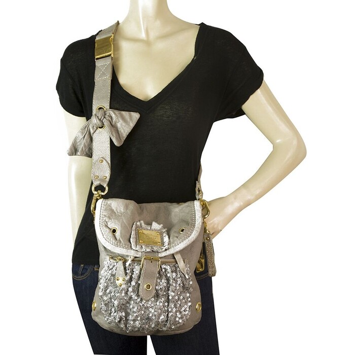 Dukas Gray Leather Sequined Canvas Gold Tone HW Shoulder Bag Crossbody Messenger