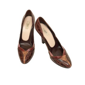 Prada Burgundy Brown Reptile Embossed Leather Round Toe Pumps Heels Shoes 37