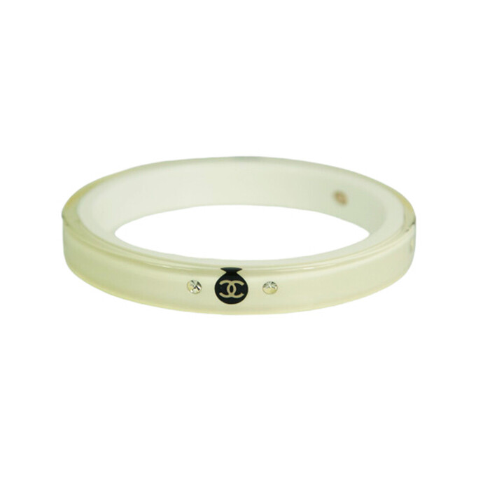 CHANEL CC Logo Bangle Bracelet In Clear & White Resin with rhinestones