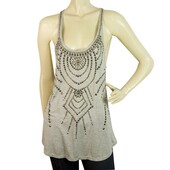 Haute Hippie Gray Silver Brass Tone Studs Long Tank Sleeveless top Sz M