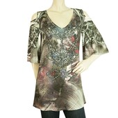 S-12 S-Twelve Cut Shoulders Multicolor Jeweled Long Blouse Top size M