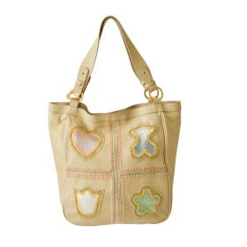 TOUS Beige Leather Signature Bear Embroidery Patchwork Tote Handbag Shoulder bag