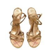 Burberry gold leather straps espadrille wedges raffia heels sandals shoes 40