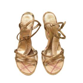 Burberry gold leather straps espadrille wedges raffia heels sandals shoes 40