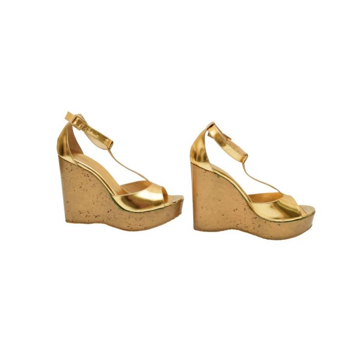 Jimmy Choo Gold Leather T - strap Sandals Wedges Heel Platform Shoes size 41