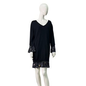 Moschino Boutique Black Wool Knit Silk Trim w. Stars Mini Length Dress Size 46