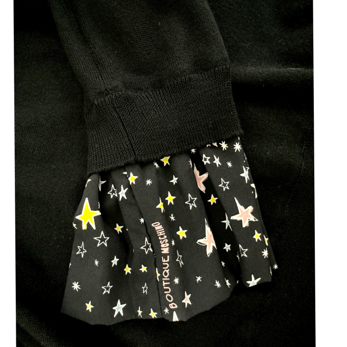 Moschino Boutique Black Wool Knit Silk Trim w. Stars Mini Length Dress Size 46