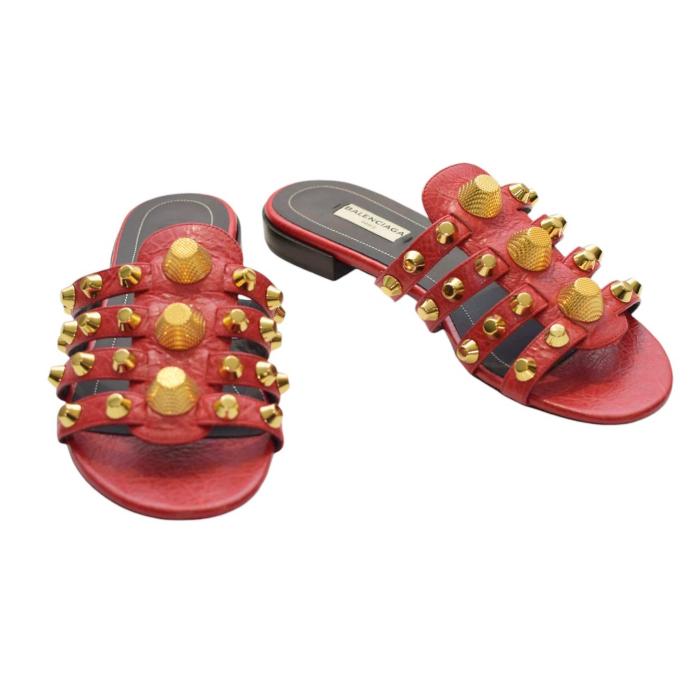 Balenciaga Red Leather Arena Gold Studded Flat Slides Sandal Shoes size 37