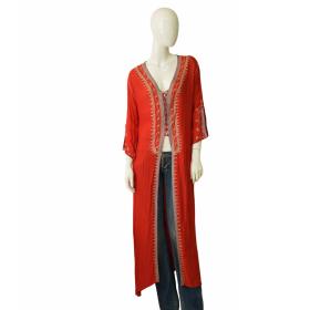 Dar Mode Red Ethnic Embroidered Cotton Long Caftan Cardi Cardigan size 2, New