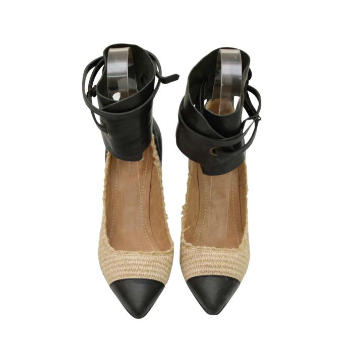 Isabel Marant Gava Beige Raffia Black Leather Ankle Cuff Heel Pumps Shoes 40