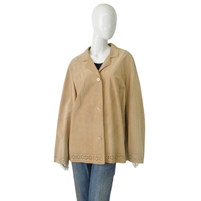 Marina Rinaldi Sport Beige Suede Leather Button Jacket size 27 w. Laser Cuts