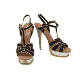 Yves Saint Laurent YSL Blue Tribute suede gold leather sz 41 sandals platform