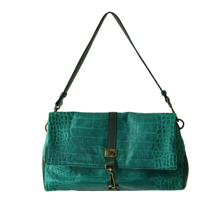 Burberry Green Crocodile Embossed Leather Fold Over Handbag Shoulder Bag w. Clip