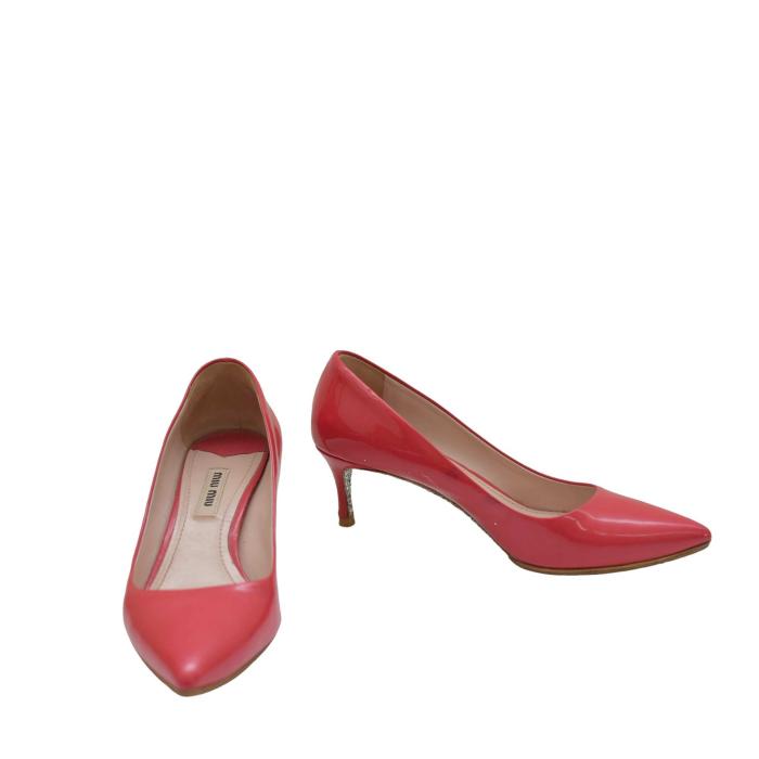 Miu Miu Coral Patent Leather Pointed Toes Kitten Heels Pumps Shoes