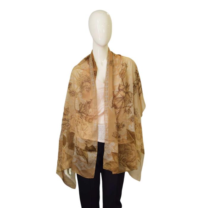 Gianfranco Ferre Brown Beige Floral Long Silky Scarf Large Foulard