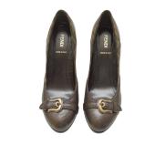 Fendi Brown Leather Monogram Zucca Details B Buckle Shoes Wedge Heels size 37