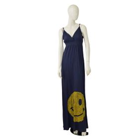 Lauren Moshi Blue Cotton Smiley Happy Face Spaghetti Straps Summer Long dress L