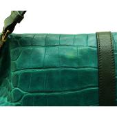 Burberry Green Crocodile Embossed Leather Fold Over Handbag Shoulder Bag w. Clip