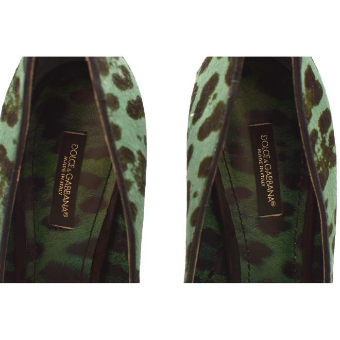 Dolce & Gabbana Green Leopard Print Calf Hair Almond Toe Pumps Heels Shoes 37.5