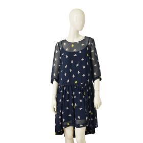 Max &amp; Co Blue Rocket Print Silky 3/4 Sleeves Above Knee Flare dress