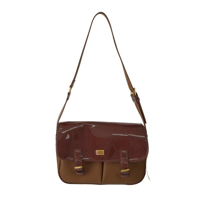 Gianfranco Ferre Brown Canvas Patent Leather Flap Top Shoulder Bag Handbag