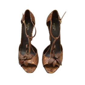 GUCCI Brown Snakeskin Leather T-Strap Open Toe Flowers Pumps High Heels Shoes 39