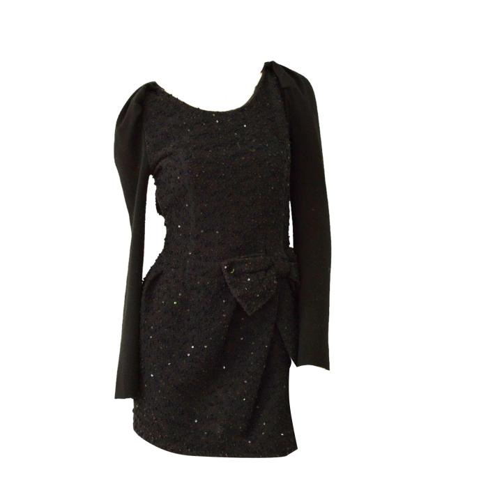 Alexander McQueen Black Knit Sequins Long Sleeves mini Dress size 38 w. Bow