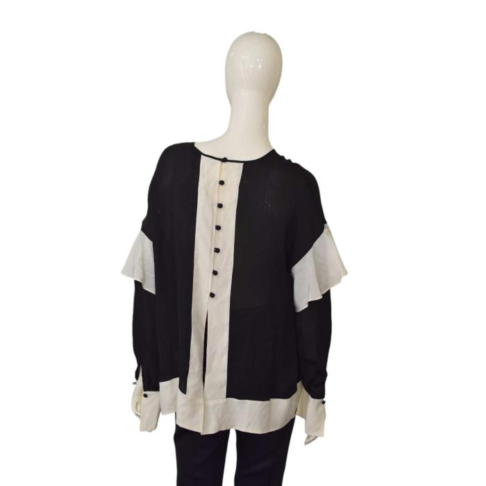 Olivia Palermo Black Ivory 100% Silk Ruffled Sleeves Blouse Top size L