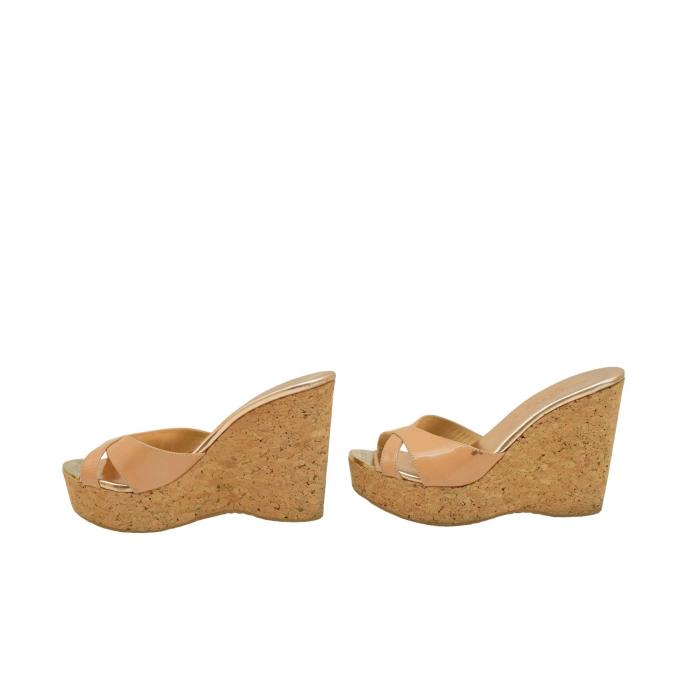 Jimmy Choo Prima Beige Leather Slides Sandals Cork Wedges Platform Mules 37.5