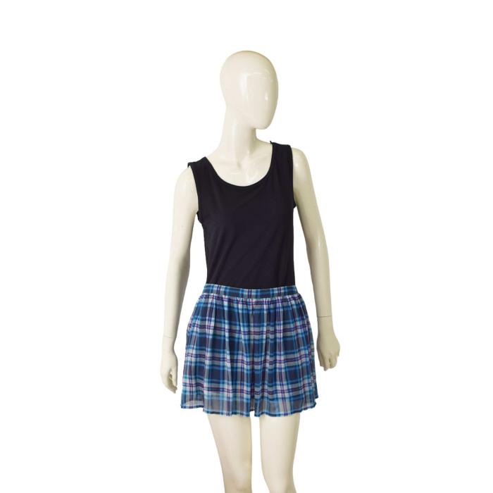 Hollister Blue Check Pleated Elastic Waist Mini Length Skirt Size L , new