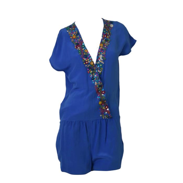 American Retro Fidji Blue Silk Sequins Embroidery Romper Playsuit Shorts size 40