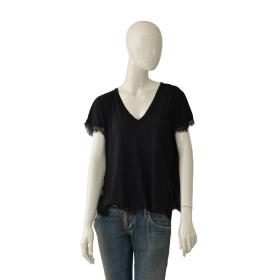 Helmut Lang Black w. Lace Trimming Short Sleeve V Neckline T-shirt Blouse Top M