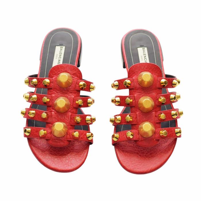 Balenciaga Red Leather Arena Gold Studded Flat Slides Sandal Shoes size 37