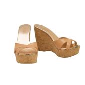 Jimmy Choo Prima Beige Leather Slides Sandals Cork Wedges Platform Mules 37.5