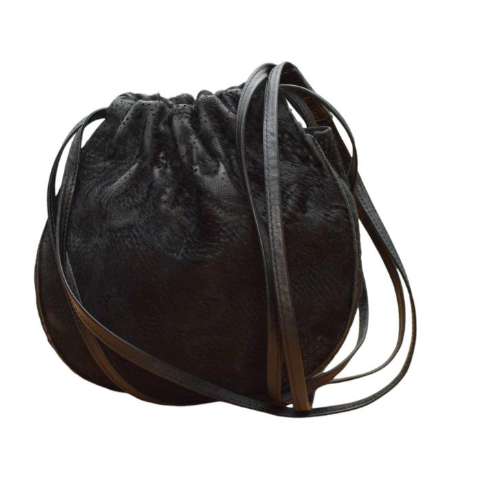 Longchamp Black Calf Hair & Leather Drawstring Small Pouch Bag Crossbody Shoulder